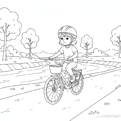 Black and white line art coloring page of a child with a helmet, confidently riding a bicycle on a paved riverbank path.