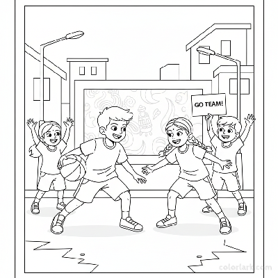 Line art of young Indian athletes playing basketball on an urban street, with friends cheering energetically.