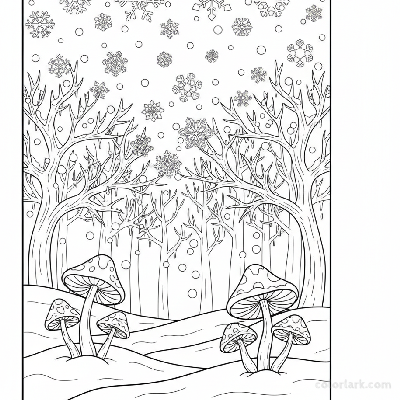 Black and white line art of delicate mushrooms peeking out from under fresh snow in a magical winter wonderland with frosty branches, for coloring.