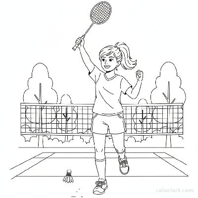 Line art of a young girl athlete raising her racket in triumph after a badminton victory.