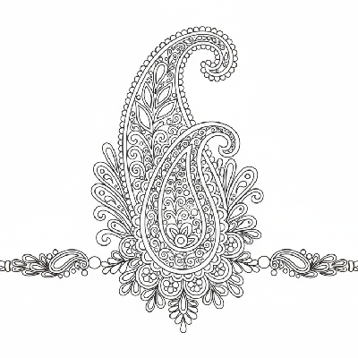 Black and white line art of an intricate traditional Rakhi with elegant paisley patterns, swirls, and dot work for art lovers.