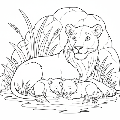 Black and white line art of a lioness watching over her two cubs in a grassy den.