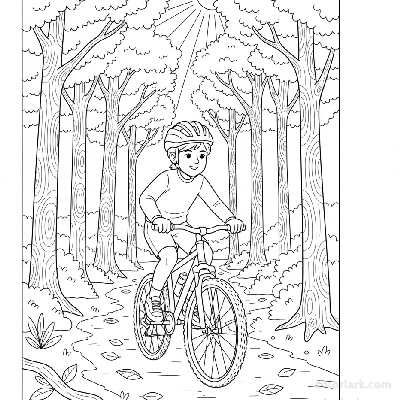 Black and white line art coloring page of a child with a helmet, confidently riding a bicycle on a quiet, winding forest trail.