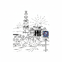 Black and white line art of tourists near an ancient Indian monument with a no parking sign.