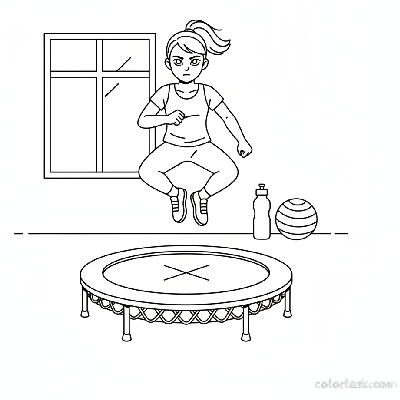 Black and white line art of a girl doing solo exercise jumps on an indoor trampoline at a kids fitness center.
