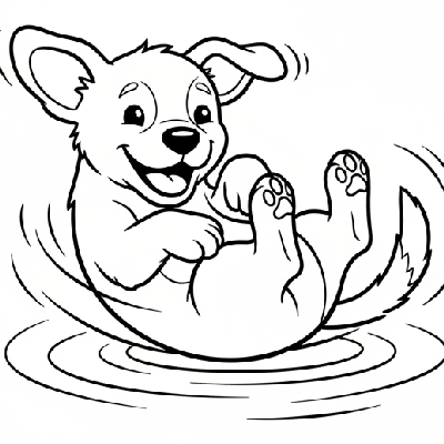 Black and white line art of a playful puppy doing a dynamic rolling-side spin on the ground, an easy coloring sheet for kids in India.