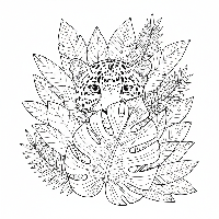 Curious Indian Leopard peeking through green leaves coloring page