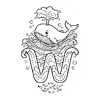 Black and white line art of a giant whale spouting water near the letter W.