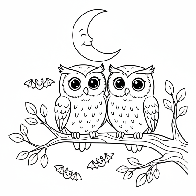 Black and white line art of two cute owls perched on a moonlit branch with tiny bats, Halloween night coloring page.