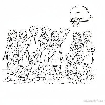 Line art of happy Indian children watching a street basketball match, with some cheering.
