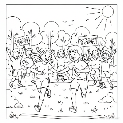 Line art of campers in a relay race, sprinting to the finish line with cheering campers