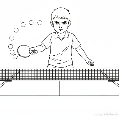 Line art of a focused youngster performing a backhand control drill in table tennis.