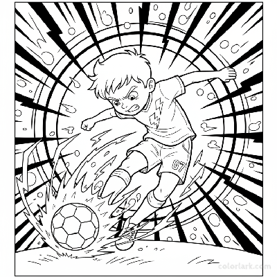Line art of a young boy footballer delivering a supercharged kick.