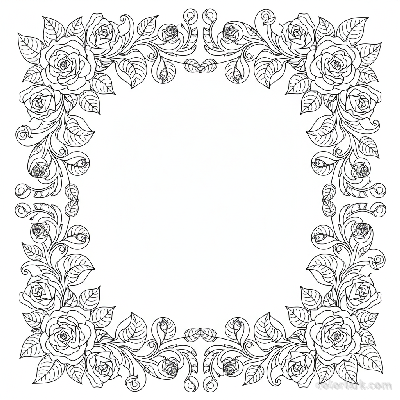 Black and white line art of a detailed, elegant rose border frame with continuous roses and leaves