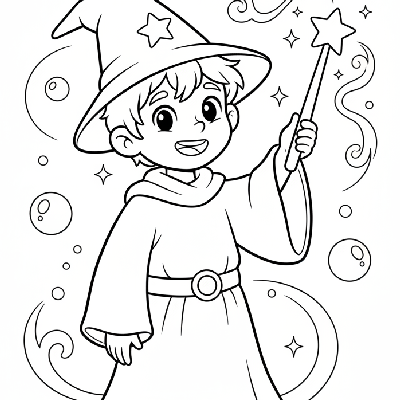 Black and white line art of a little wizard boy casting a gentle sparkle spell with a wand, Halloween coloring page.