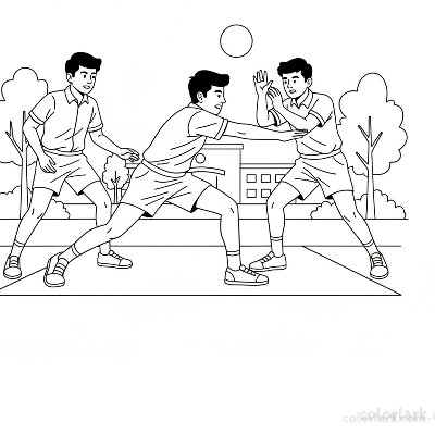 Black and white line art of energetic Indian school boys playing a kabaddi match during sports day, one raider tagging a defender.