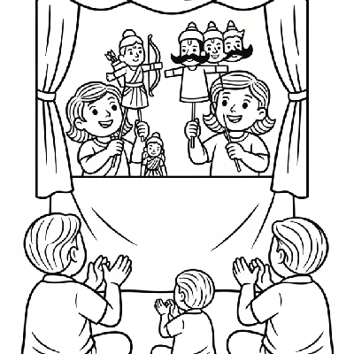 Imaginative children presenting a Diwali puppet show with simple stick puppets to their family audience, black-and-white line art