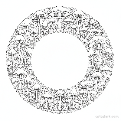 Black and white line art of an intricate fairy ring of diverse mushrooms with moss and swirling patterns, for adult coloring.