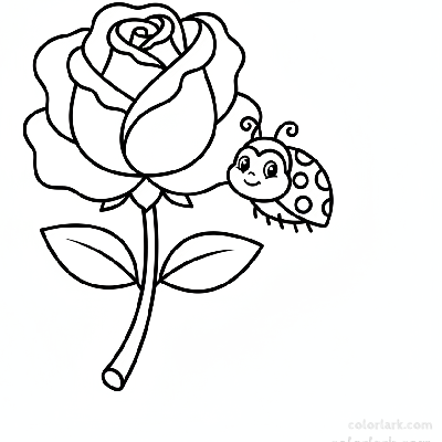 Easy rose and ladybug coloring page for early learners, black and white line art, simple flower and bug illustration.