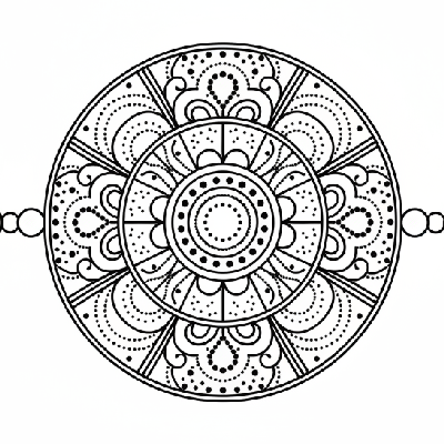 Black and white line art of an intricate mandala dot art Rakhi with complex circular patterns filled with tiny dots for coloring.