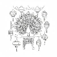 Peacock on perch with hanging lanterns oriental coloring page