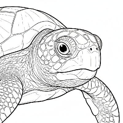 Black and white line art coloring page with a detailed close-up of a sea turtle's face, showing its eye and skin texture.