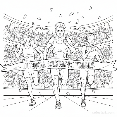 Line art of junior Olympic hopefuls sprinting to a finish line with a large, cheering stadium crowd