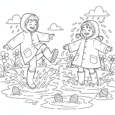 Black and white line art of two energetic children in rain boots, joyfully splashing in puddles after an Easter shower.