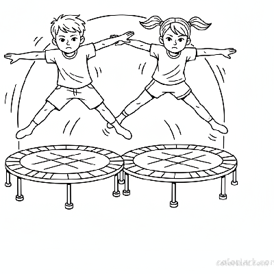 Black and white line art of children practicing coordination by jumping side-by-side on trampolines.