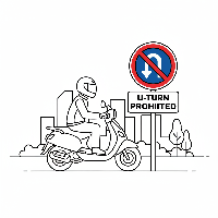 Coloring page of a scooterist following an Indian U-Turn Prohibited sign.