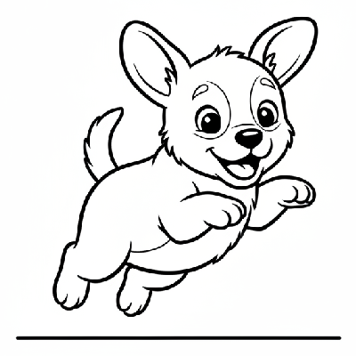 Black and white line art of a playful puppy bouncing upwards with all paws off the ground, suitable for Indian children to color.