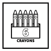 Black and white line art coloring page showing six crayons in a holder with the number 6.