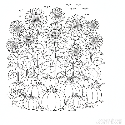 Black and white line art of sunflowers and pumpkins in a harvest scene