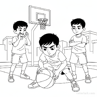 Line art of Indian children concentrating on basketball play on a street, with two friends cheering quietly.