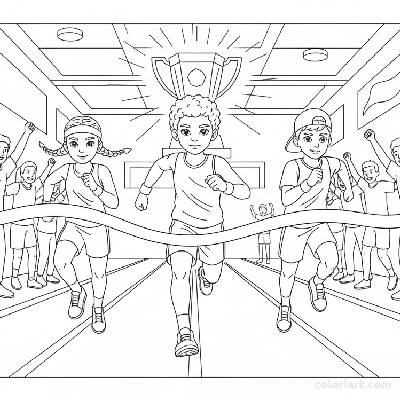 Line art of kids dashing to a finish line with a trophy in sight, cheered by a crowd