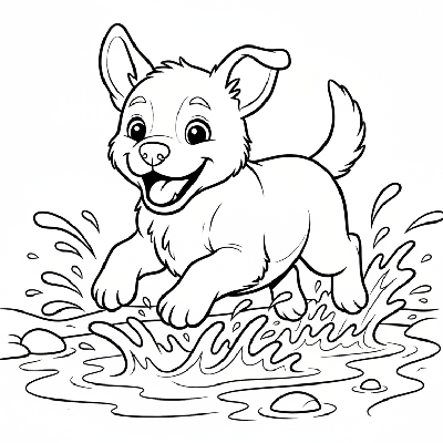 Black and white line art of a happy puppy playfully splashing in a shallow stream, an easy coloring page for kids in India.