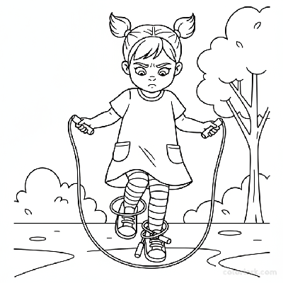 Line art of a little girl learning to skip rope outdoors