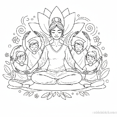 Line art of children learning Flower Breath for calmness with a yoga teacher.