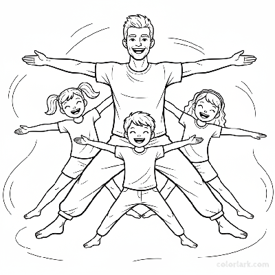 Line art of kids learning Star Pose for energy with a yoga teacher.