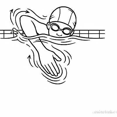 Black and white line art of a child performing the freestyle 'catch' phase in a pool, with cap and goggles visible.