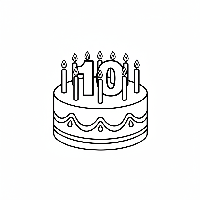 Black and white line art coloring page featuring ten candles on a cake, with the number 10.