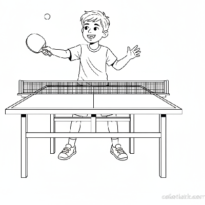 Line art of a happy boy practicing his forehand serve in table tennis.