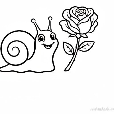 Easy rose and cartoon snail coloring page for toddler fun, black and white line art, simple flower and garden creature.