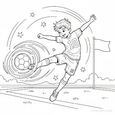Line art of a kid showing off powerful soccer skills with a strong kick.