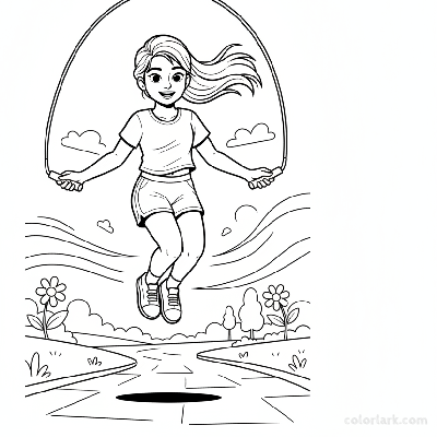 Line art of a girl with a ponytail skipping rope jumps outdoors