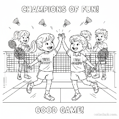 Two children high-fiving and celebrating a point during a doubles badminton game.