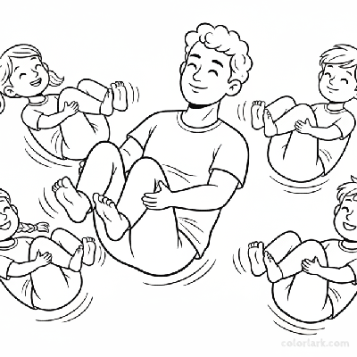 Line art of children learning Rock-a-Bye Baby Pose for comfort with a yoga instructor.