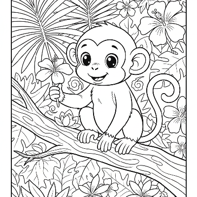 Black and white line art of a curious monkey holding a flower on a tree branch