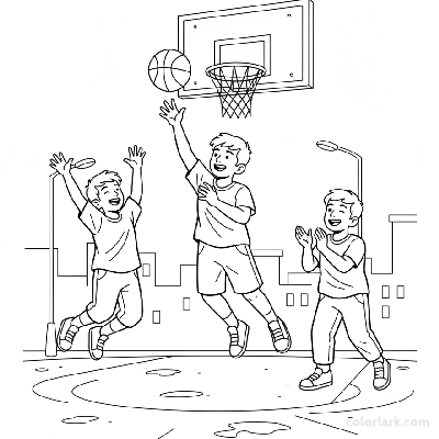 Line art of an Indian youngster making a basketball shot on the street, with two friends cheering.