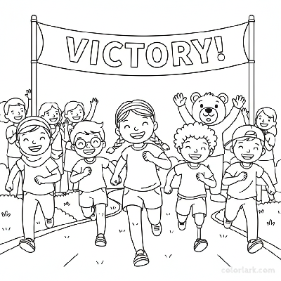 Line art of little champions racing to a finish line with a cheering crowd and mascot
